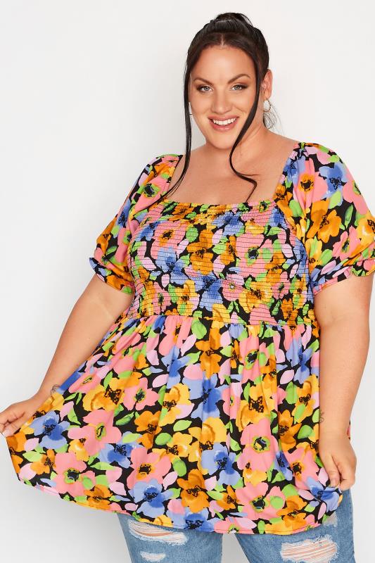 LIMITED COLLECTION Plus Size Black Floral Print Shirred Peplum Top | Yours Clothing 1