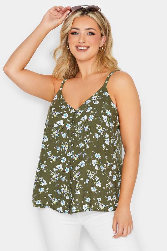 YOURS Plus Size Green Floral Button Cami Vest Top | Yours Clothing 1
