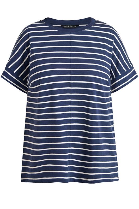 EVANS Plus Size Navy Blue Stripe Cotton T-Shirt | Evans 5
