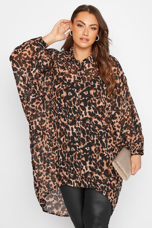 Plus Size  Curve Brown Leopard Print Extreme Dipped Hem Shirt