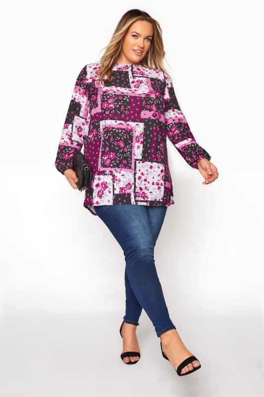 YOURS LONDON Pink Floral Patchwork Blouse_B.jpg