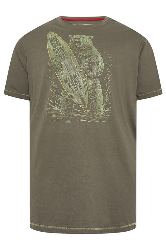 D555 Big & Tall Khaki Green Surfing Bear Print T-Shirt | BadRhino 2