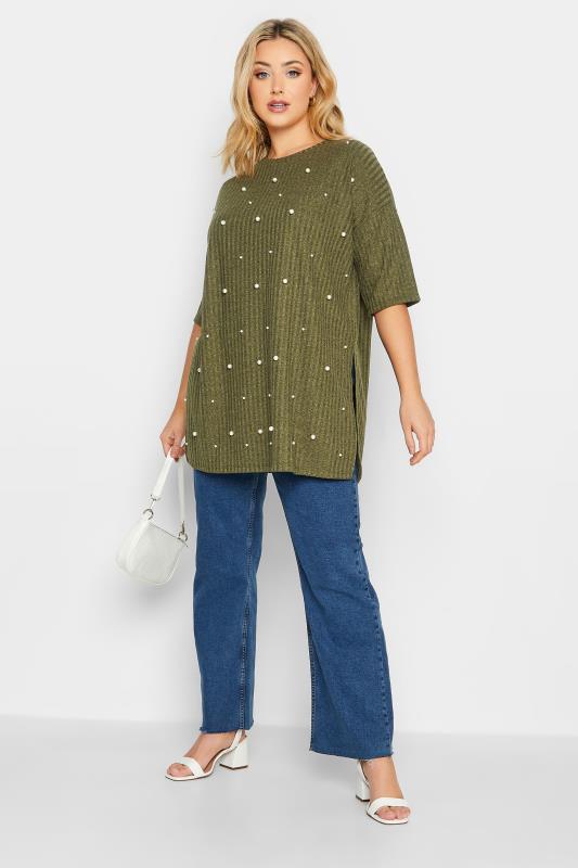 Plus Size Khaki Green Pearl Embellished Split Hem T-Shirt | Yours Clothing 2