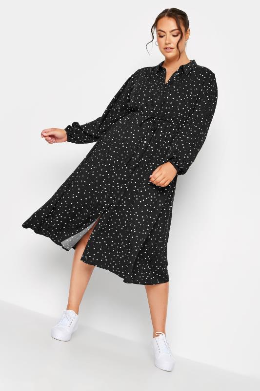 YOURS Plus Size Black Spot Print Long Sleeve Midaxi Shirt Dress | Yours Clothing 2