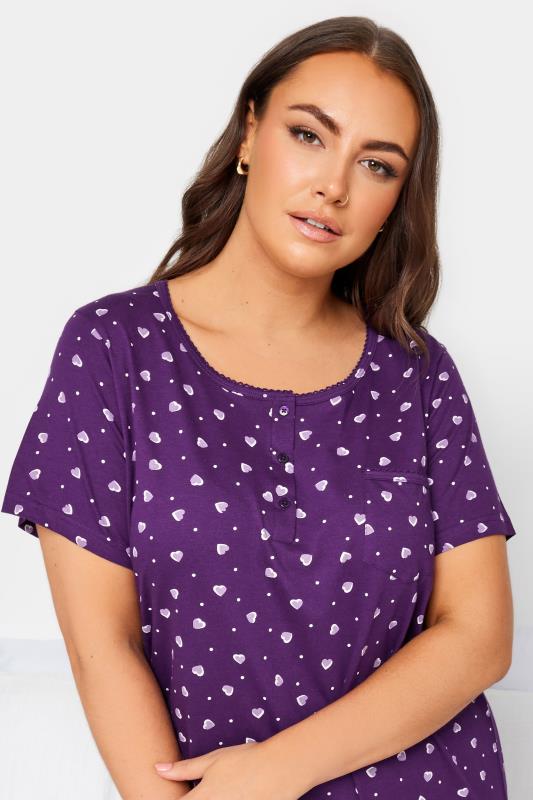 YOURS Plus Size Purple Heart Print Placket Nightdress | Yours Clothing 4