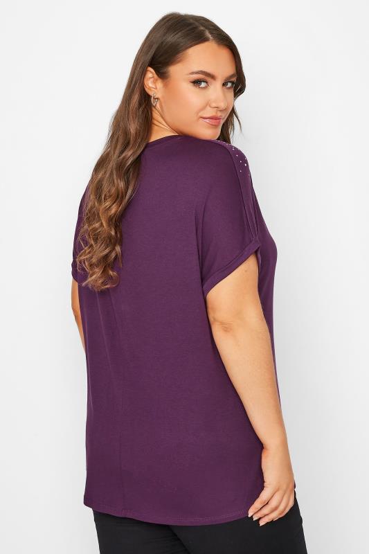 Plus Size Purple Stud Embellished Grown On Sleeve T-Shirt | Yours Clothing 3