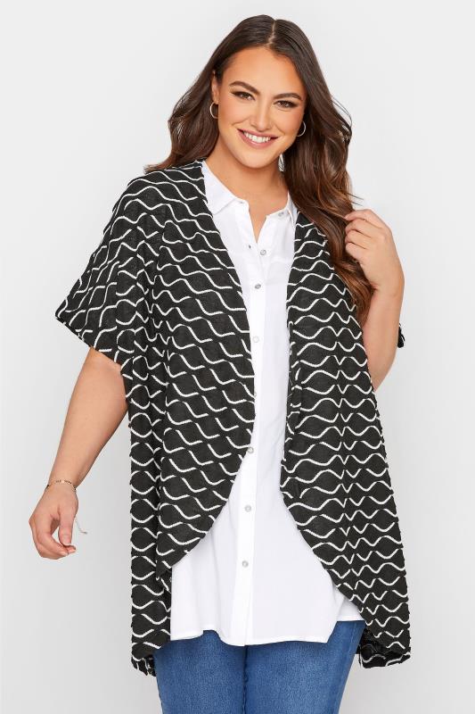 Plus Size  Curve Black Wave Print Knitted Cardigan