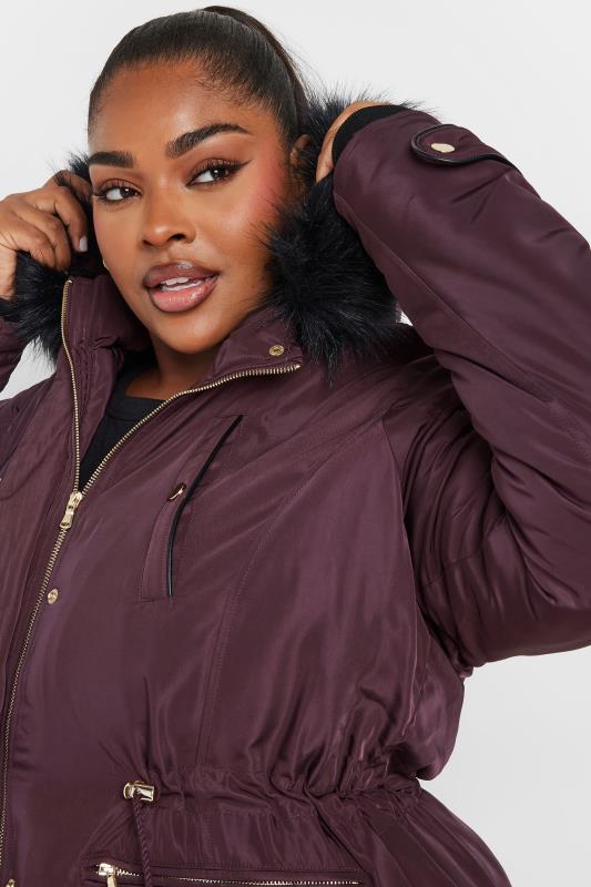 YOURS Plus Size Wine Red Faux Fur Trim Parka Jacket | Yours Clothing 5