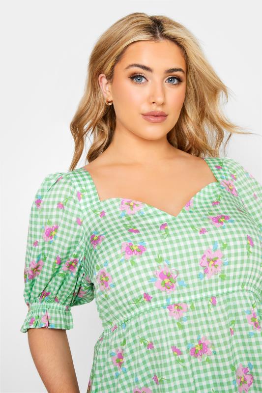 LIMITED COLLECTION Curve Green Gingham Floral Puff Sleeve Peplum Top 4
