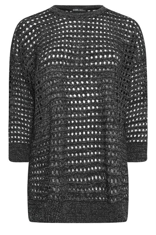 YOURS Plus Size Black & Silver Side Split Crochet Jumper | Yours Clothing 6