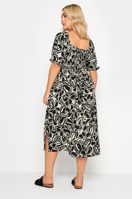YOURS Plus Size Black Abstract Floral Print Shirred Midi Dress | Yours Clothing 4