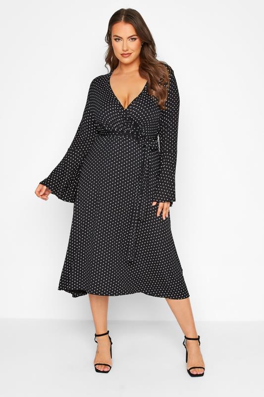 LIMITED COLLECTION Plus Size Black Polka Dot Flare Sleeve Wrap Dress | Yours Clothing 1