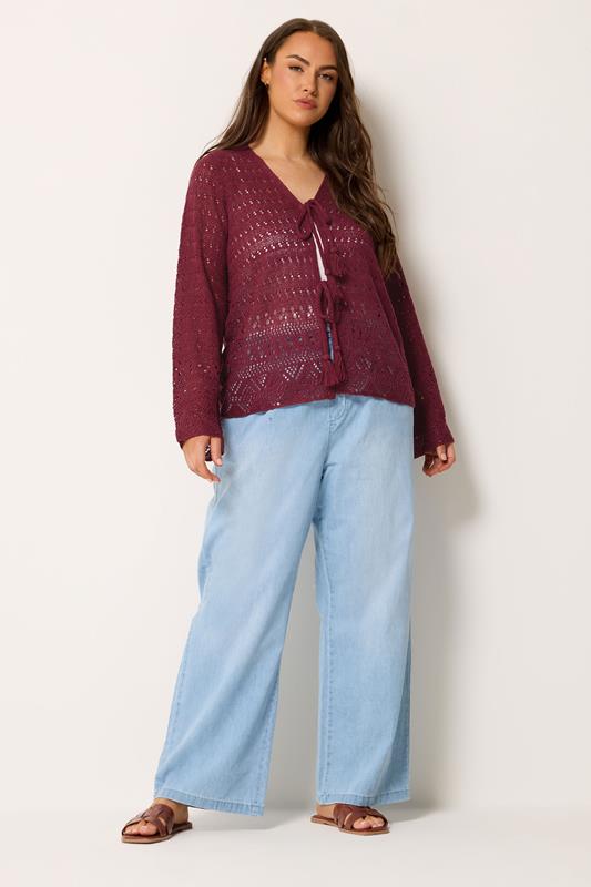 YOURS Plus Size Burgundy Red Pointelle Knitted Tie Cardigan | Yours Clothing 1