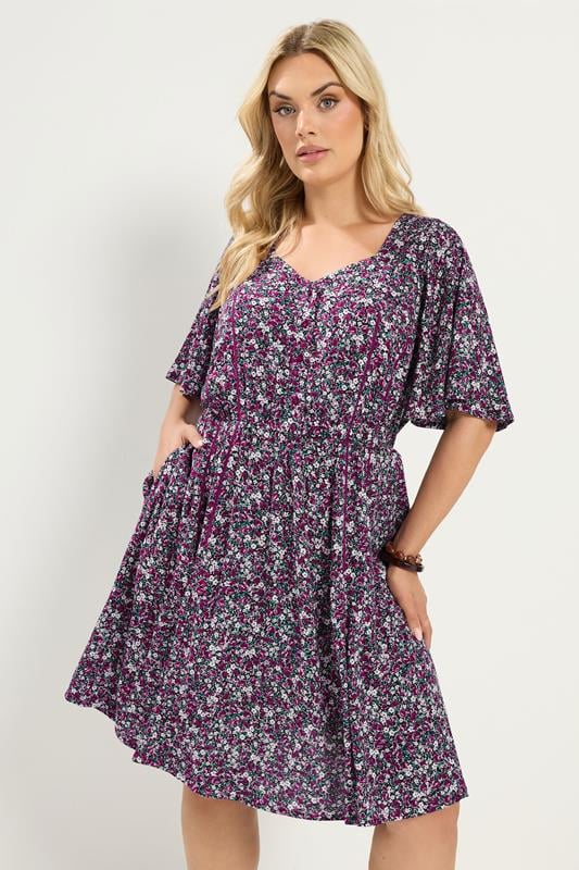 YOURS Curve Pink Ditsy Floral Smock Mini Dress