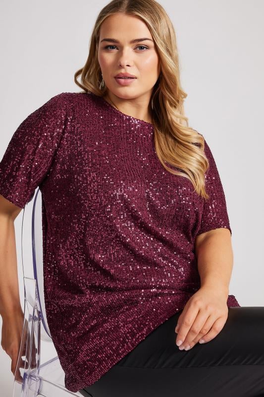 YOURS LONDON Plus Size Burgundy Red Sequin Swing Top | Yours Clothing 4