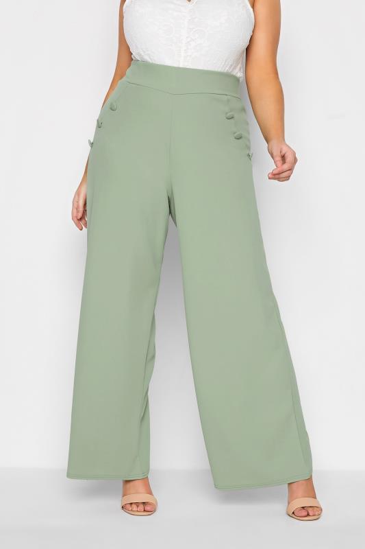 YOURS LONDON Plus Size Sage Green Button Scuba Crepe Wide Leg Trousers | Yours Clothing 1