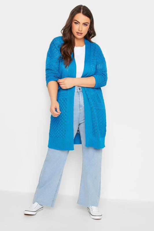 YOURS Plus Size Blue Pointelle Longline Cardigan | Yours Clothing 2