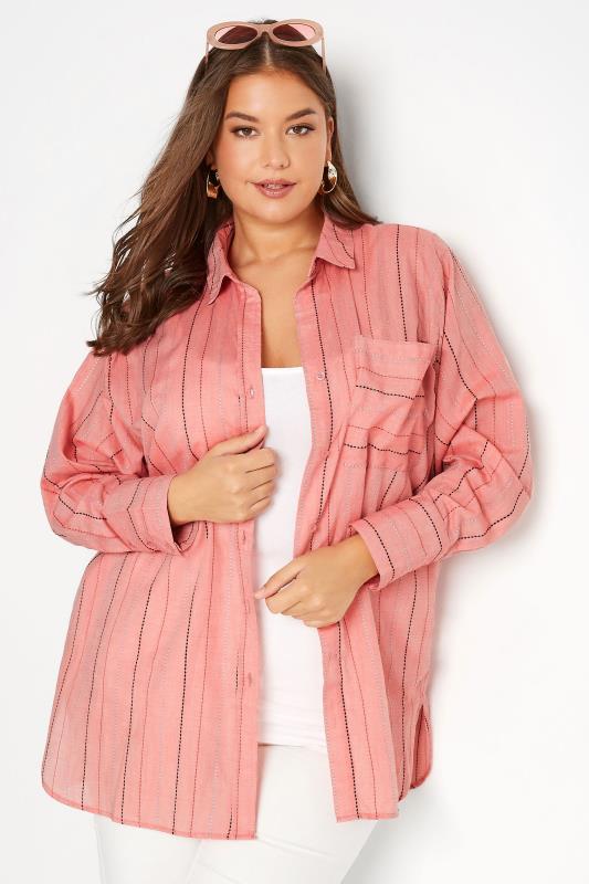 Curve Pink Stripe Pocket Oversized Shirt 1