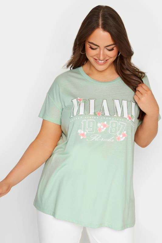YOURS Plus Size Green 'Miami' Print Varsity T-Shirt | Yours Clothing 1