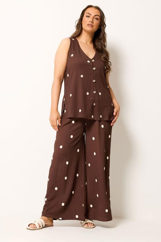 YOURS Plus Size Chocolate Brown Polka Dot Textured Waistcoat | Yours Clothing 1