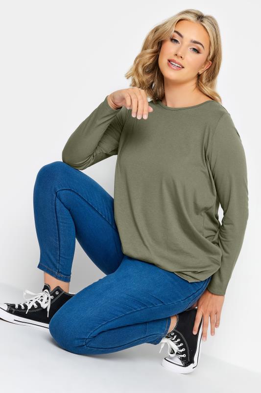 Plus Size Khaki Green Long Sleeve T-Shirt | Yours Clothing 1
