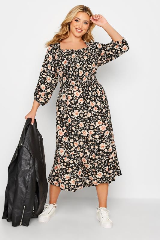 Plus Size  Curve Black Floral Print Shirred Midaxi Smock Dress