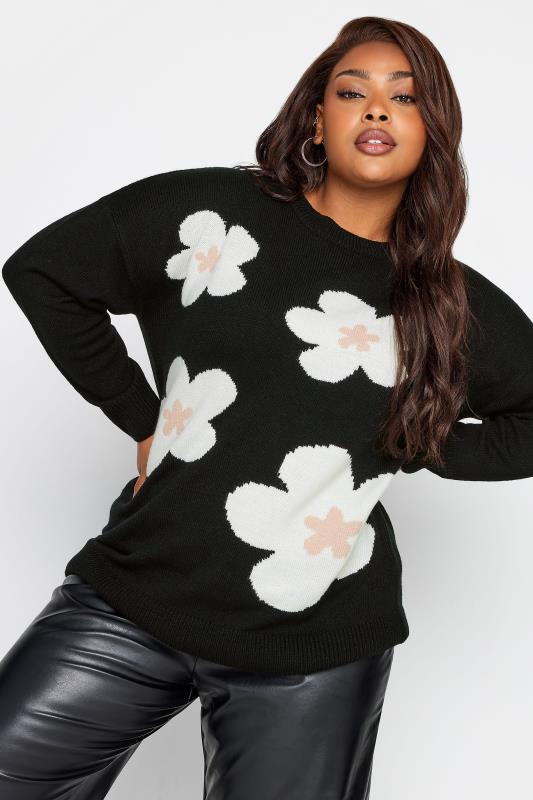 YOURS Curve Black Floral Knit Jumper | Yours Clothing 1