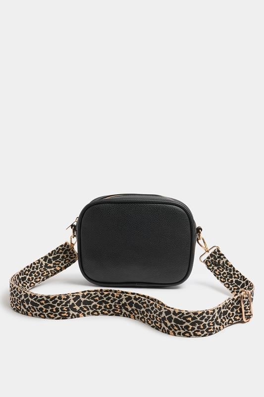  Bolso de hombro negro de piel sintética con correa de leopardo
