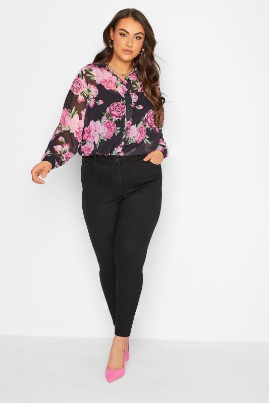 YOURS LONDON Plus Size Curve Black & Pink Floral Print Longline Shirt | Yours Clothing  2