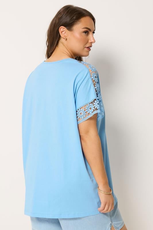 YOURS Curve Blue Crochet Sleeve Boxy T-Shirt | Yours Clothing 2