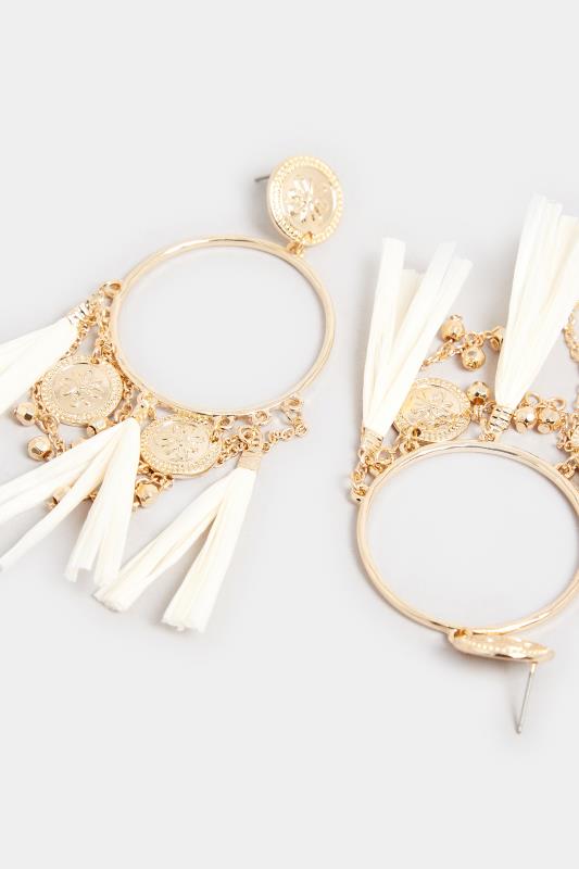 Gold & White Raffia Tassel Statement Earrings | Yours Clothing 3