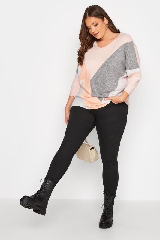 Plus Size Grey & Pink Colour Block Soft Touch Sweatshirt | Yours Clothing 2