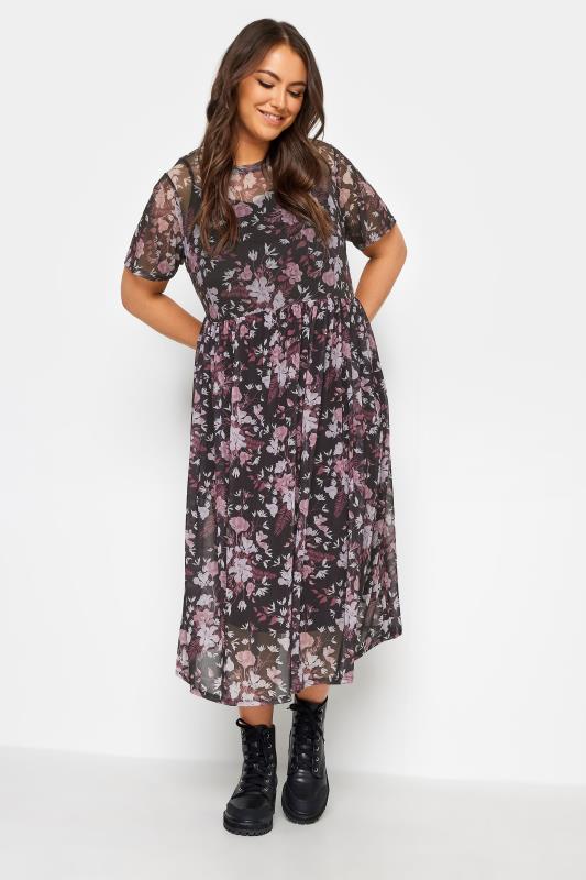 YOURS Plus Size Black Floral Print Mesh Smock Dress | Yours Clothing 2