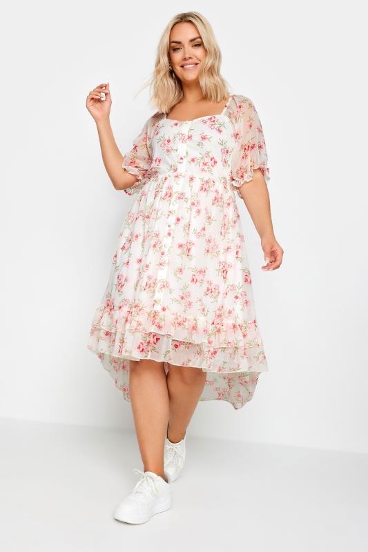 LIMITED COLLECTION Plus Size White Floral Print Dipped Hem Midi Dress | Yours Clothing 4