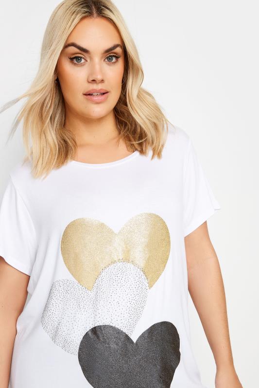 YOURS Curve Plus Size White Glitter Heart Print T-Shirt | Yours Clothing  4