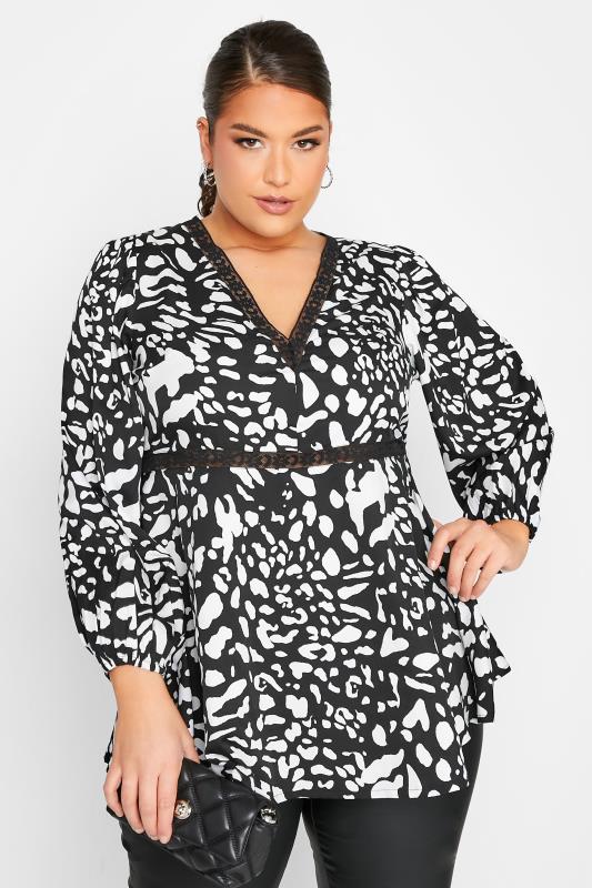 LIMITED COLLECTION Plus Size Black & White Animal Print Lace Blouse | Yours Clothing 1