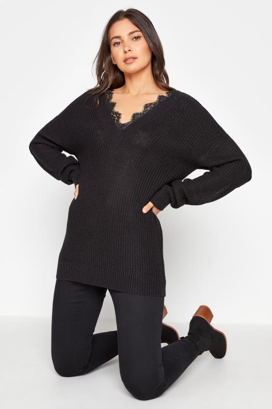 LTS Tall Black Lace Trim V-Neck Knitted Jumper 1