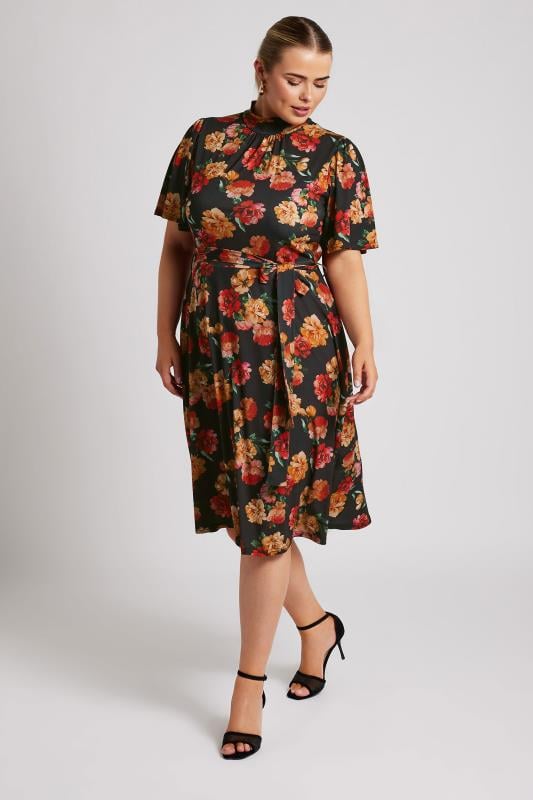 YOURS LONDON Plus Size Black & Orange Floral Print Skater Dress | Yours Clothing  2