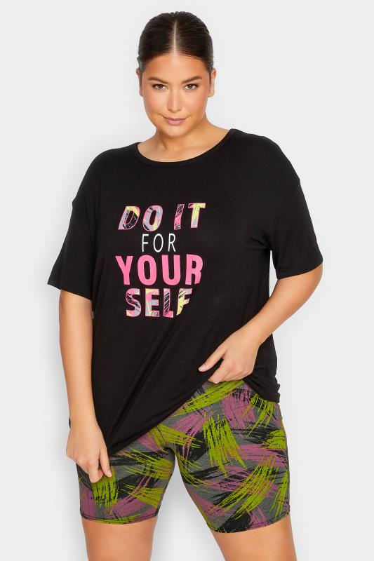  Grande Taille YOURS ACTIVE Curve Black & Pink 'Do It For Yourself' Slogan T-Shirt