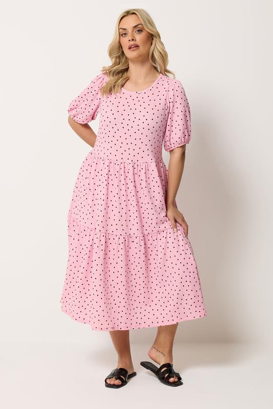 YOURS Plus Size Pink Polka Dot Tiered Dress | Yours Clothing 1