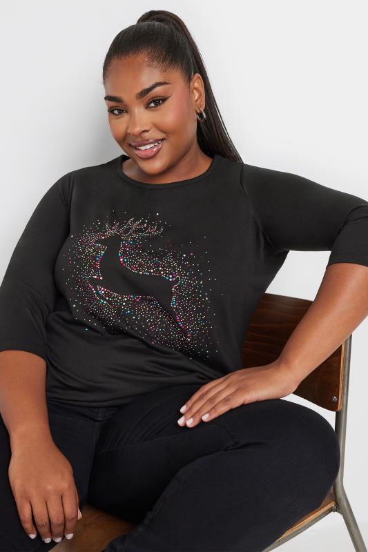 YOURS Plus Size Black Diamante Reindeer Christmas Top | Yours Clothing  5