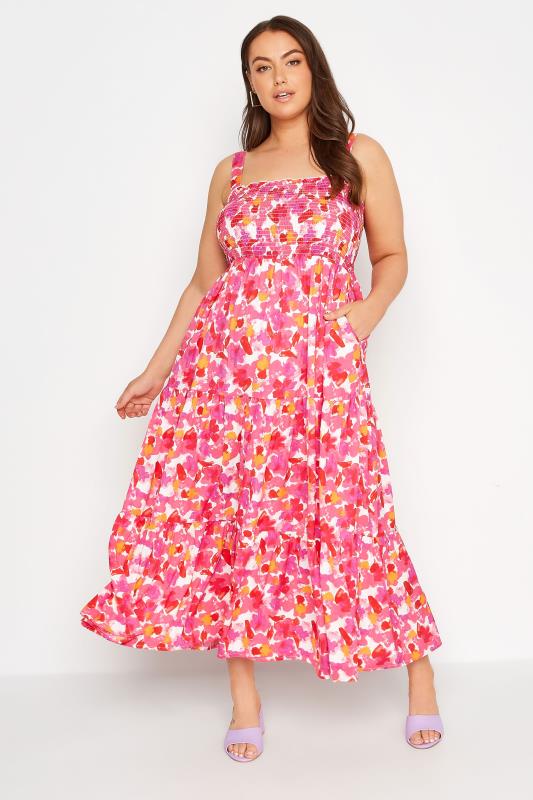 LIMITED COLLECTION Curve White & Pink Floral Print Tiered Maxi Sundress 1