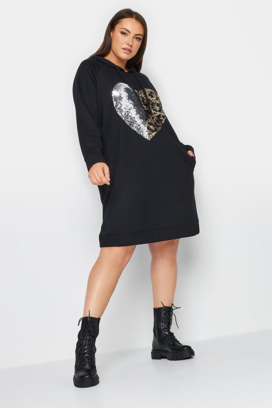 YOURS Curve Plus Size Black Sequin Heart Midi Hoodie Dress | Yours Clothing  2