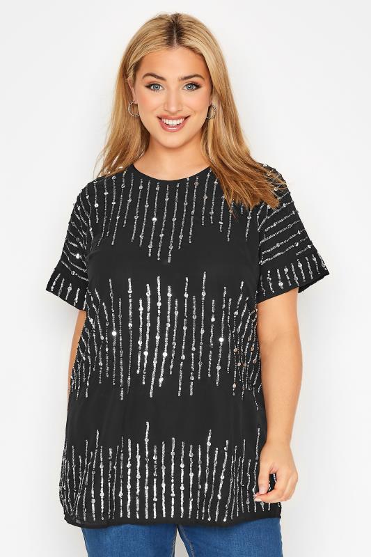 LUXE Curve Black Sequin Hand Embellished Top 1