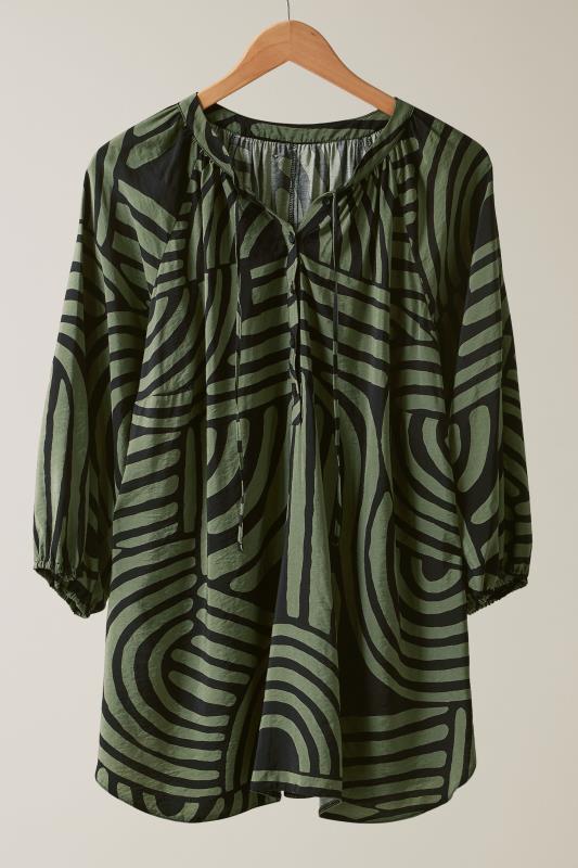 EVANS Plus Size Khaki Green Abstract Print Tie Neck Blouse | Evans 6