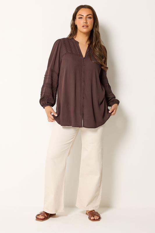YOURS Plus Size Chocolate Brown Notch Neck Crochet Blouse | Yours Clothing  1