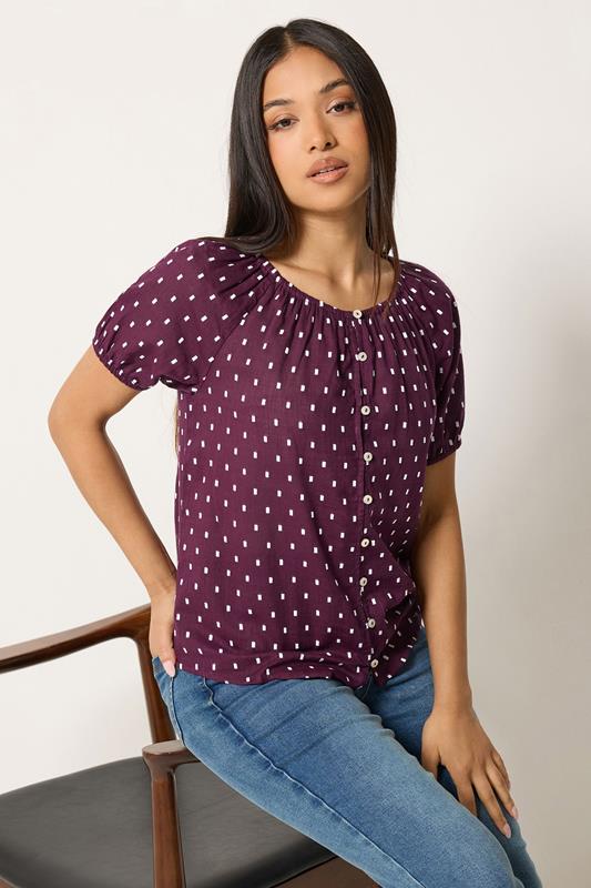 M&Co Petite Women's Purple Dobby Button Blouse | M&Co 1