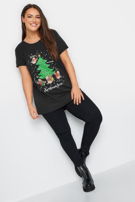 YOURS Plus Size Black 'Robin Around The Christmas Tree' Slogan Christmas T-Shirt | Yours Clothing  2