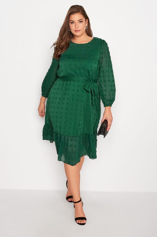 Plus Size YOURS LONDON Green Dobby Puff Sleeve Dress | Yours Clothing 1