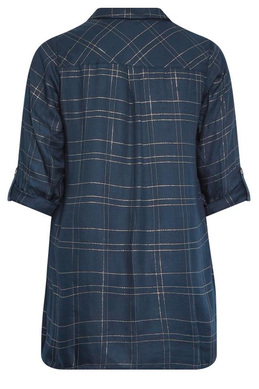 YOURS Curve Plus Size Navy Blue & Gold Check Print Shirt | Yours Clothing  7